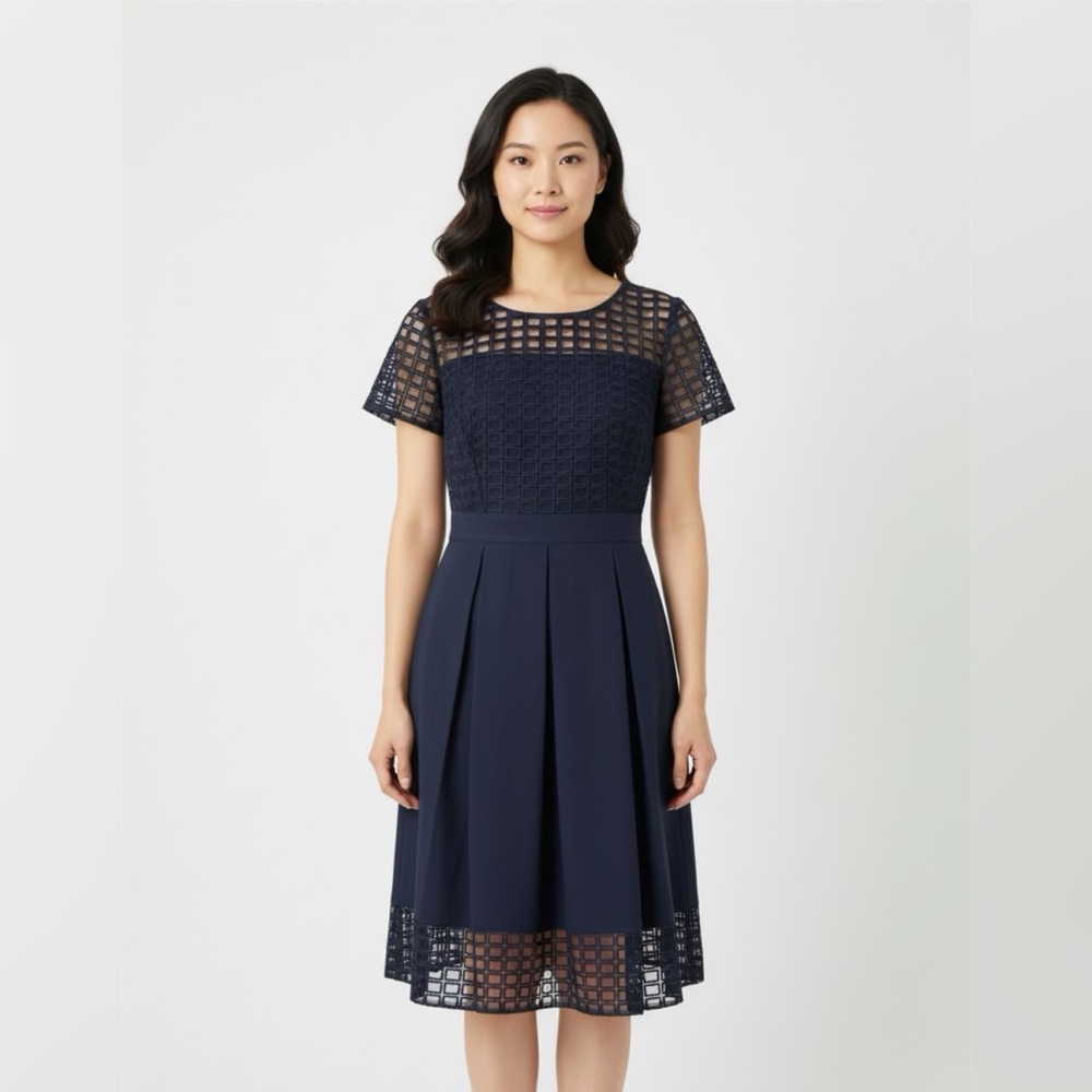 Tahari Navy Textured Midi Dress. Ptp 16” length 38”